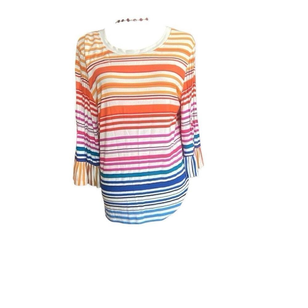 Kobi Halperin Multi Color Rainbow Striped Knit T-Shirt Bell Sleeve Sz Large